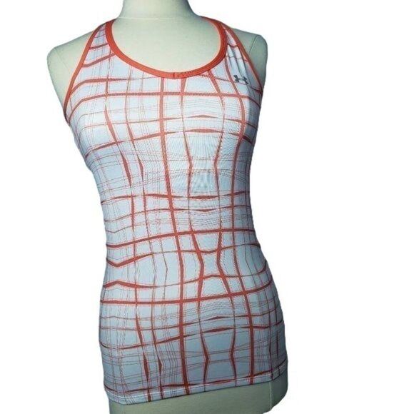 Under Armour Womens T-Back Tank S Orange Plaid Built-In Shelf Bra Athletic Top - Picture 1 of 9